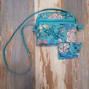 Vera Bradley Trimmed Crossbody Purse with Mini Tri Fold Wallet in Peacock Garden